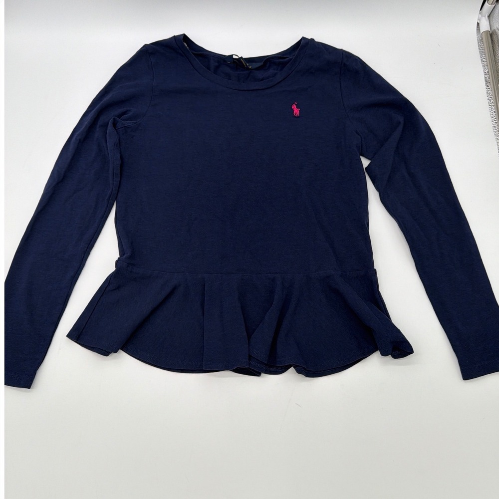Polo Ralph Lauren Girls Navy Blue Peplum Long Sleeve Top Pink Pony XL 16